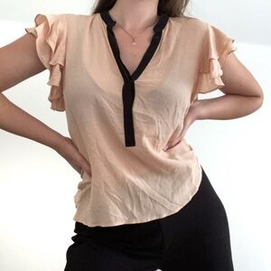 Blush Zara business casual ruffled vneck blouse
